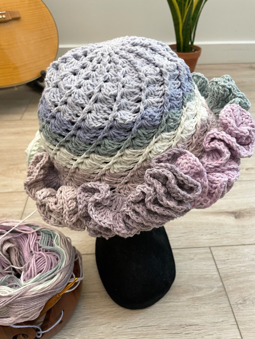 Handcrafted Crochet | Sculptural Ruffle Trim Hat |  Pastel Tones - Picture 6 of 9